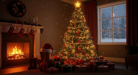 3D rendering of a Christmas tree and gifts in the living roomの素材