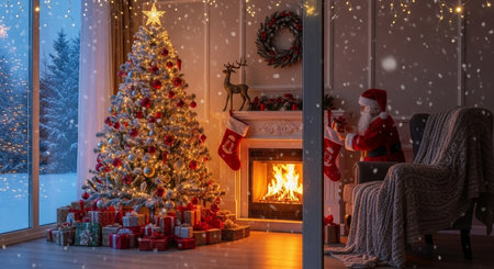 Christmas tree with gifts and fireplace on the background of a winter landscapeの素材
