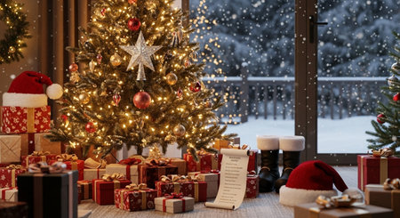 Christmas tree and gifts on the background of a winter landscape with snowの素材