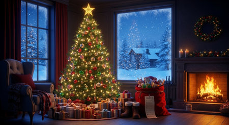 Christmas tree with presents by the fireplace in the living room at nightの素材