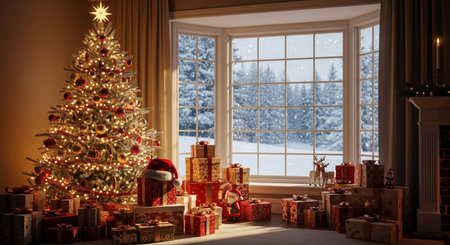Christmas tree with presents in the living room with a large window.の素材