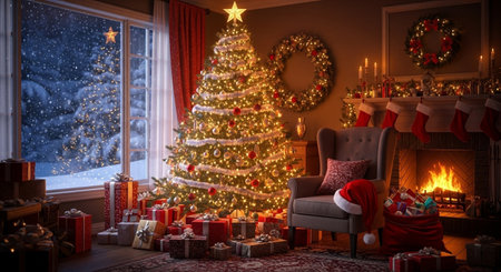 Christmas tree with presents in the living room. 3D rendering.の素材