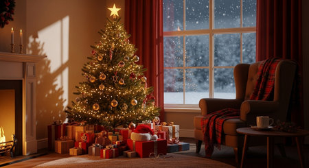 Christmas tree with presents and fireplace in the living room. 3d illustrationの素材
