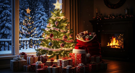 Christmas tree with presents and fireplace in the background. Christmas interior.の素材