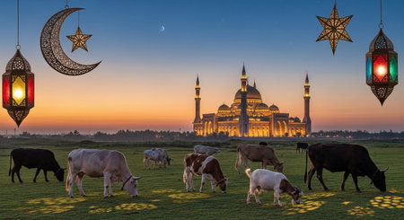 Beautiful sunset over the mosque and cows grazing in the meadowの素材