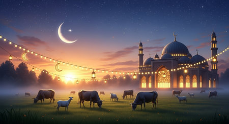 Ramadan Kareem background with sheeps and mosque at night.の素材