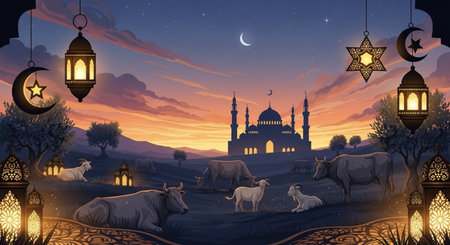 Ramadan Kareem background with arabic lanterns, sheeps and mosqueの素材