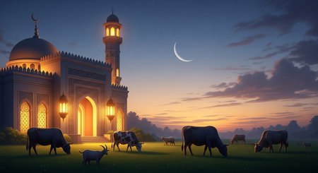 Illustration of cows grazing in the meadow with mosque at sunsetの素材