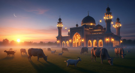 Sheep grazing in a misty meadow in front of the mosqueの素材