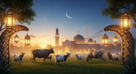 Sheep grazing on the meadow in front of the mosque at sunsetの素材