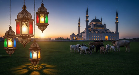 Ramadan Kareem greeting card with mosque, sheep and lanternsの素材
