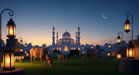 Ramadan Kareem background with mosque, sheep and lanterns.の素材