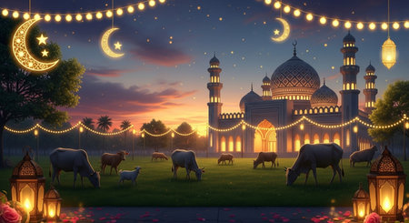 Ramadan kareem background with sheeps, lanterns and mosqueの素材