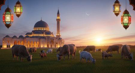 Sheep grazing in the meadow and mosque with lanterns at sunsetの素材