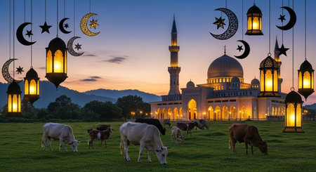 Ramadan Kareem background with mosque and cows. 3d renderingの素材