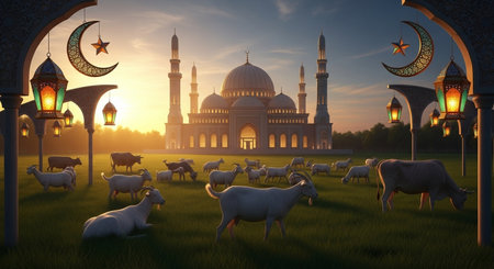 Sheep grazing in front of the mosque at sunset. 3D renderingの素材
