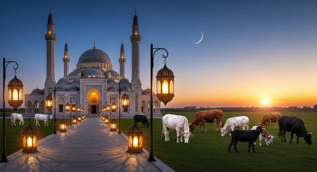 Sheep grazing in front of the Sheikh Zayed Mosque in Abu Dhabi, UAEの素材