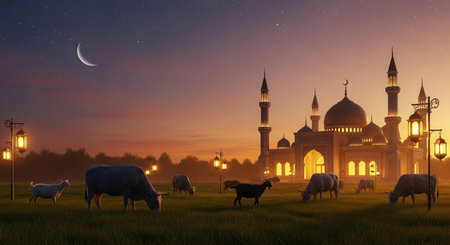 Sheep grazing in the meadow with mosque in the background.の素材