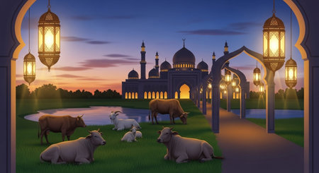 Sheep grazing in the meadow with lanterns and mosque at sunsetの素材