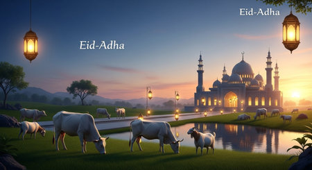 Eid al adha islamic greeting card with sheeps and mosque in backgroundの素材