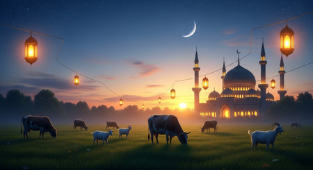 Ramadan Kareem greeting card with sheeps and mosque at nightの素材