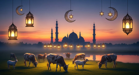 Ramadan Kareem greeting card. Cows graze on the green meadow against the backdrop of the mosque.の素材