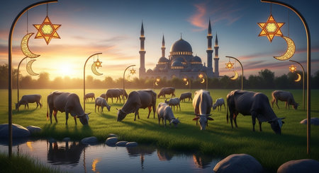 Sheep in the meadow and mosque at sunset. 3d renderの素材