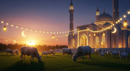Sheep grazing in the meadow in front of the mosque at sunsetの素材