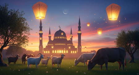 Ramadan Kareem greeting card with sheeps, mosque and lanternsの素材