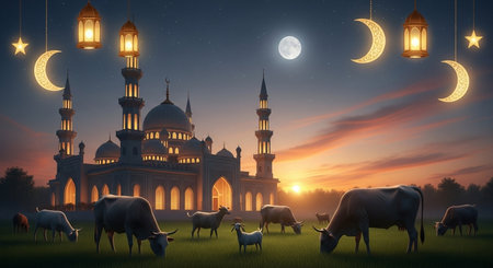 Ramadan Kareem background with sheeps, moon and mosque.の素材
