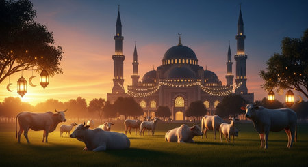 Sheep grazing on the meadow in front of blue mosque at sunsetの素材