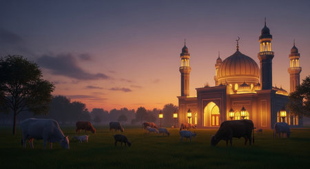 Sheep grazing in a meadow with mosque in the background.の素材