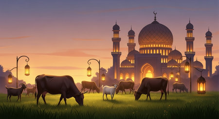 Illustration of cows grazing in front of the mosque at sunset.の素材