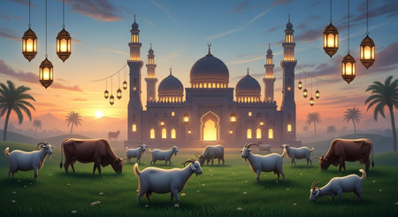 Sheep grazing in the meadow with mosque at sunset. Vector illustrationの素材