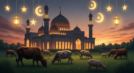 Cows grazing in the meadow near the mosque. Vector illustrationの素材
