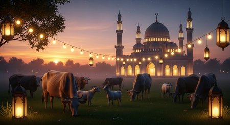 Ramadan Kareem greeting card. Cows graze in the meadow at sunset.の素材