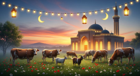 Ramadan Kareem background with sheep and mosque. Vector illustration.の素材