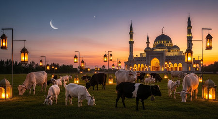 Cows grazing in front of the Blue Mosque at sunset, Istanbul, Turkeyの素材