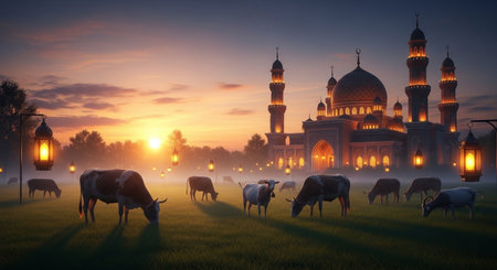 Cows graze in a meadow in front of the mosqueの素材
