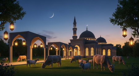 Sheep grazing in front of the mosque at night. 3D renderingの素材