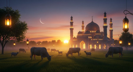 Sheep grazing in the meadow and mosque at sunset. 3D renderingの素材