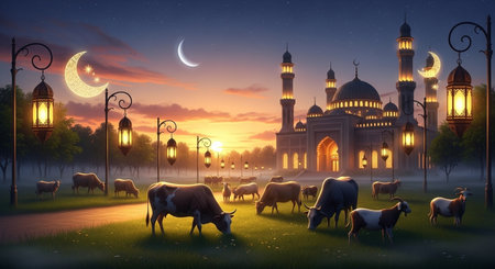 Ramadan Kareem greeting card with sheeps and mosque at nightの素材