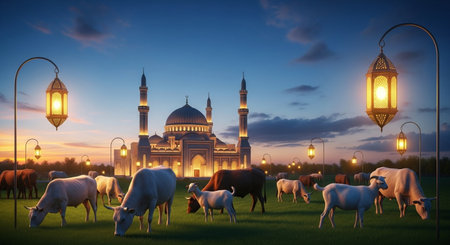 Sheep and lampposts at sunset. Ramadan Kareem backgroundの素材