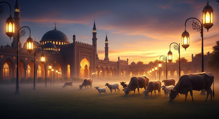Sheep grazing on a foggy meadow in front of the mosqueの素材