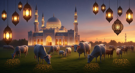 Sheep grazing in the meadow and mosque at sunrise, 3d renderingの素材