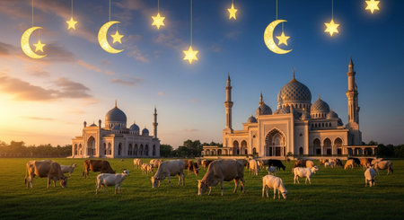 Sheep grazing in the meadow with mosque and crescent moonの素材