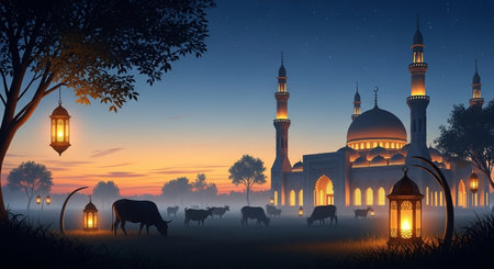 Ramadan Kareem background with mosque, sheep and lanterns.の素材