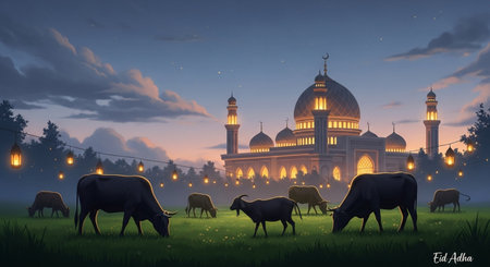 Eid Al Fitr Mosque and cows on the meadow.の素材