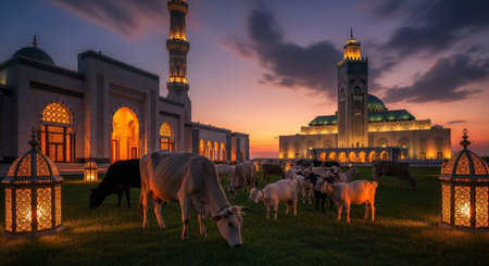 Sheep grazing in front of the Masjid Jamek Mosque in Abu Dhabi, United Arab Emiratesの素材