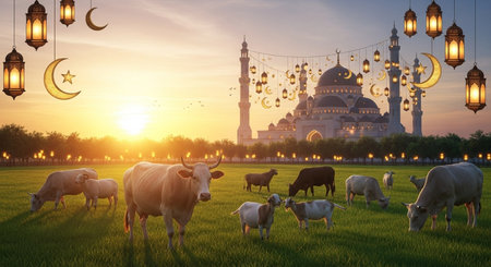 Sheep grazing in a green meadow with a mosque in the backgroundの素材